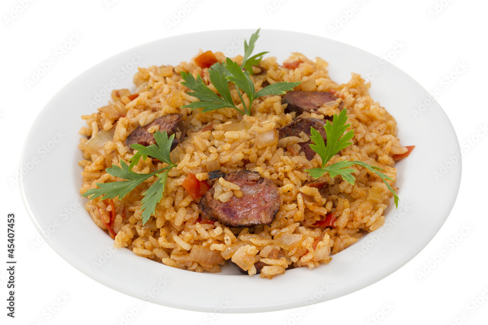 sausages with rice on white plate sausages with rice on white plate
