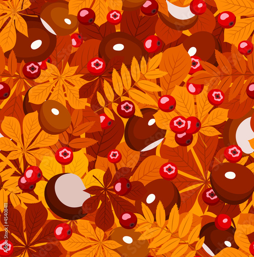 Seamless pattern with autumn leaves  chestnuts and rowanberries