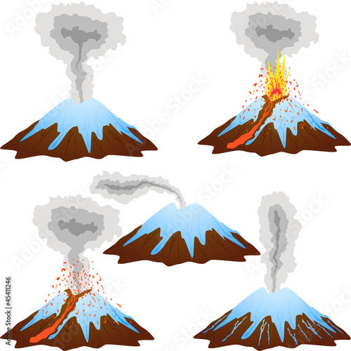 Volcano mountain eruption peak with snow set.