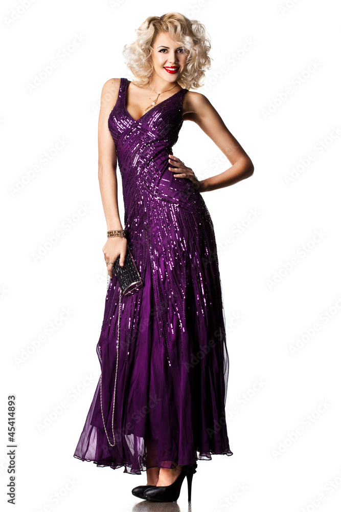 beautiful fashionable woman in violet clothes