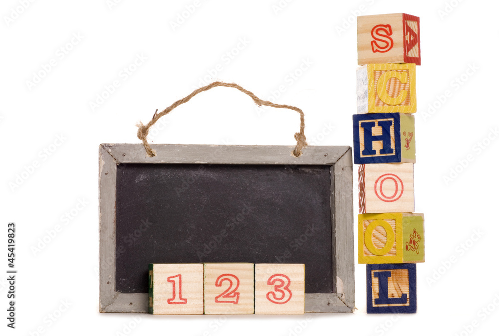 school wooden blocks and black board