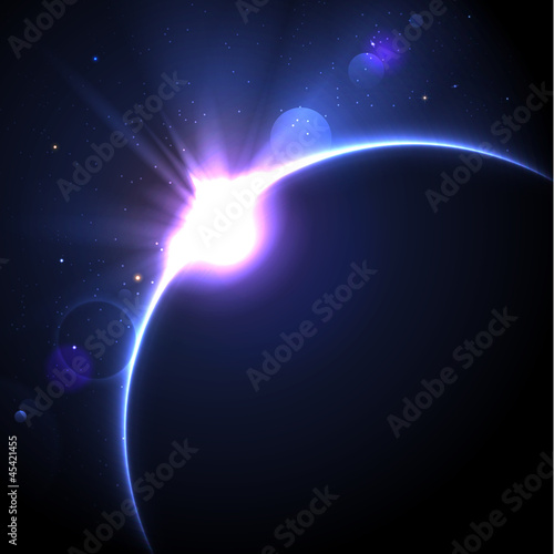 Solar eclipse vector background with stars and lens flare