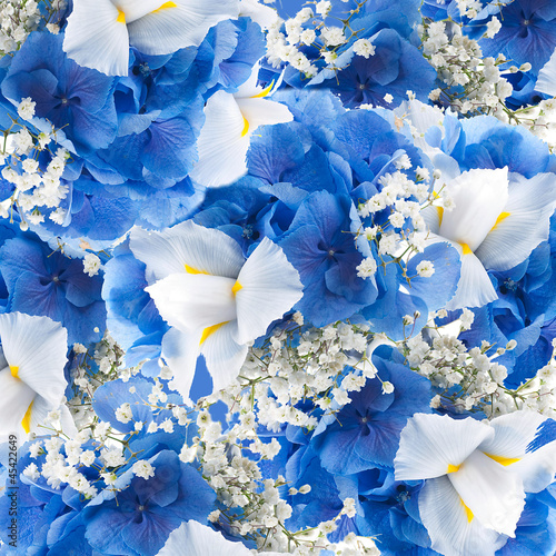 Flowers in a bouquet, blue hydrangeas and white irises