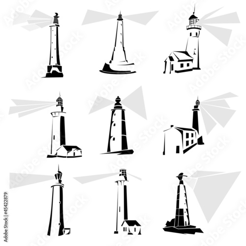 Set of black and white lighthouse icons.