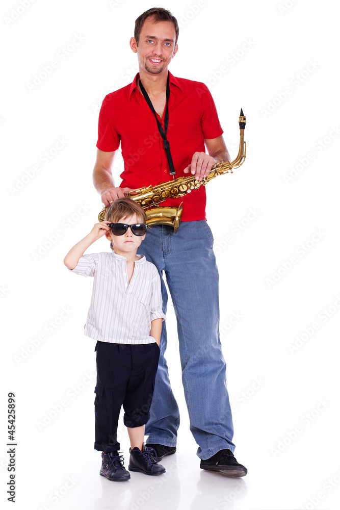 Fototapeta premium Portrait of musicians posing on white background with saxophone