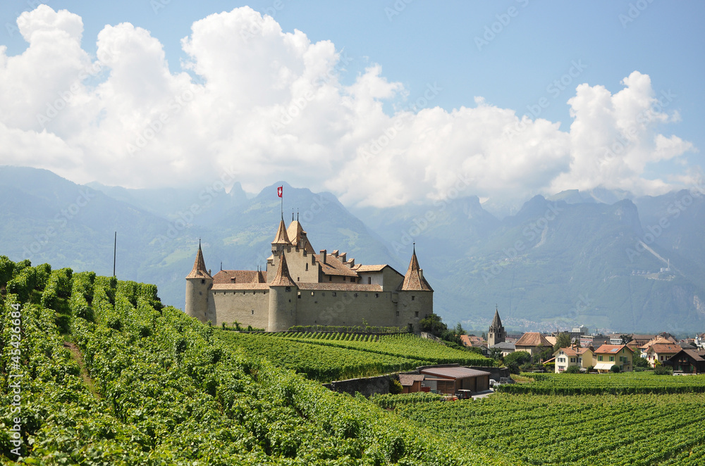 Chateau d'Aigle among vineyards. Switzerland