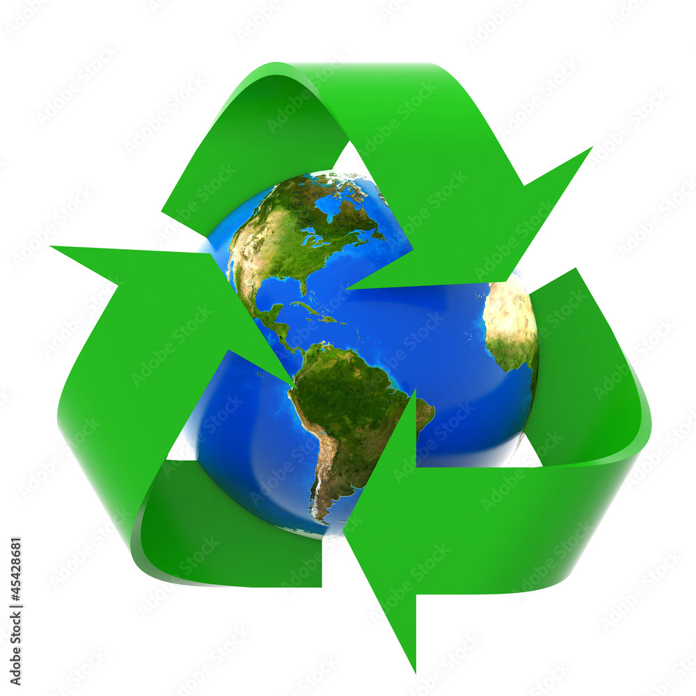 3d recycling arrows and blue earth isolated on white background