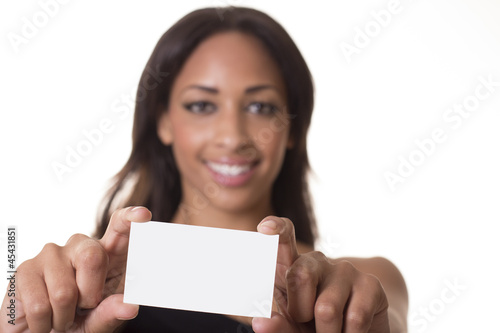 Beautiful woman holds a blank business card.