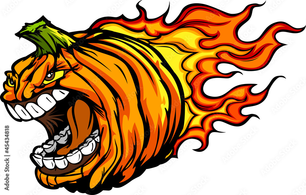 Fototapeta premium Screaming Halloween Jack-O-Lantern Pumpkin Head with Flames Cart