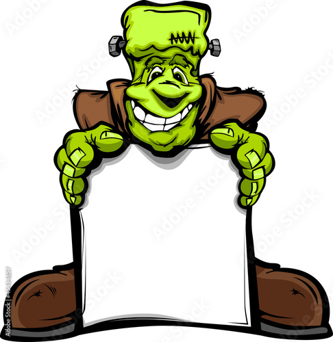 Happy Frankenstein Halloween Monster with Sign Cartoon Vector Il