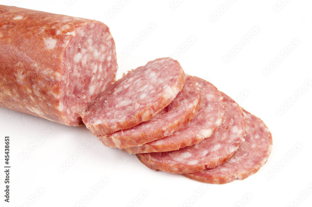 sausage sliced and isolated on white. sausage sliced and isolated on white.