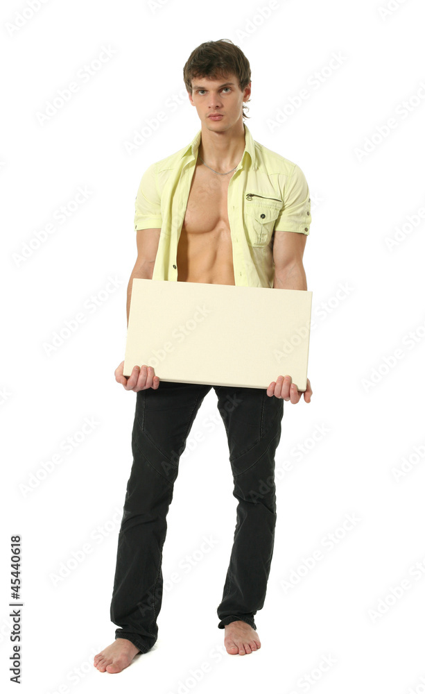 Young Sexy Man with Copy Space Blank Sign Young Sexy Man with Copy Space Blank Sign