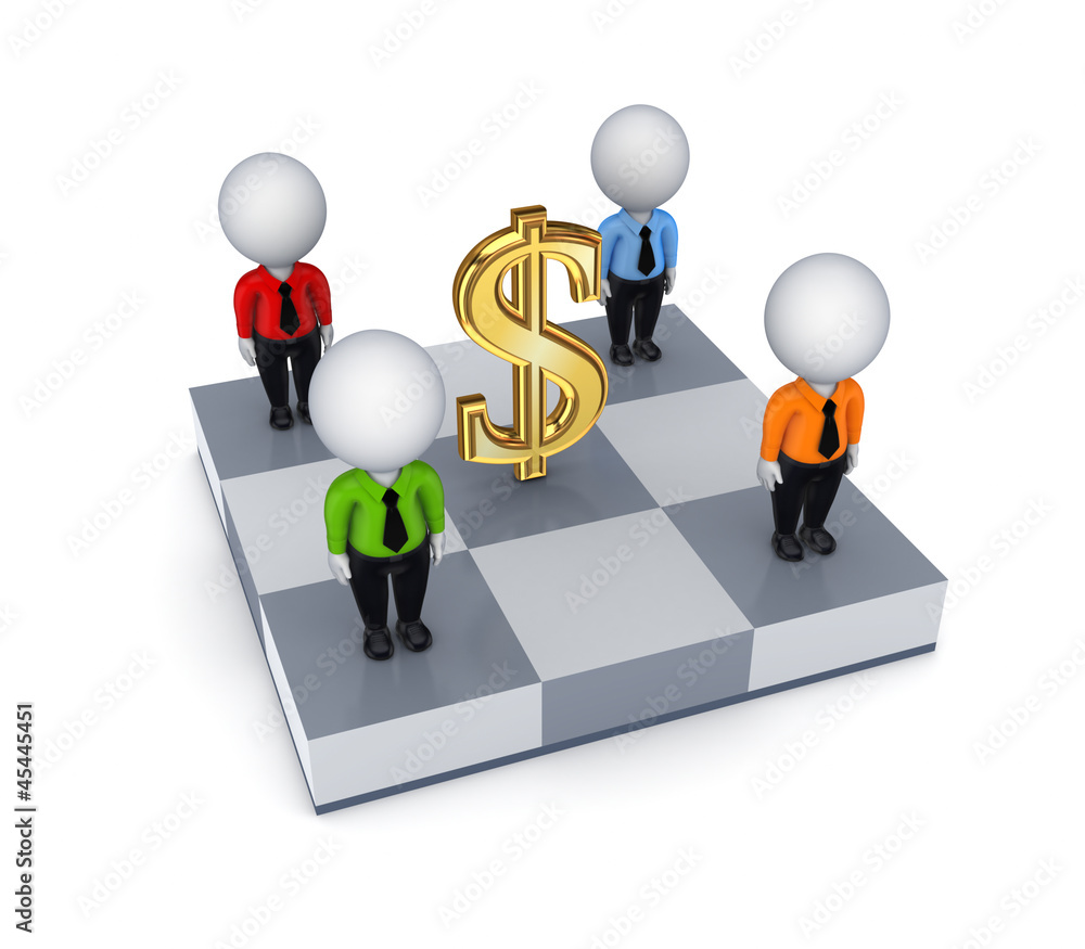 Dollar sign and 3d small people on a chessboard. Dollar sign and 3d small people on a chessboard.
