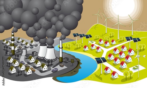 Two cities - dirty and clean renewable energy.