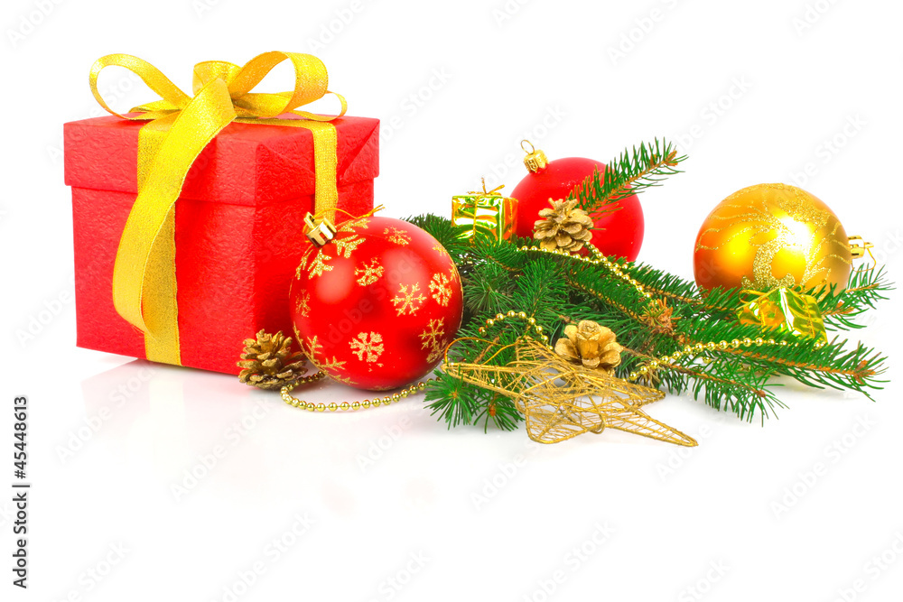 Christmas red gift with fir branch Christmas red gift with fir branch