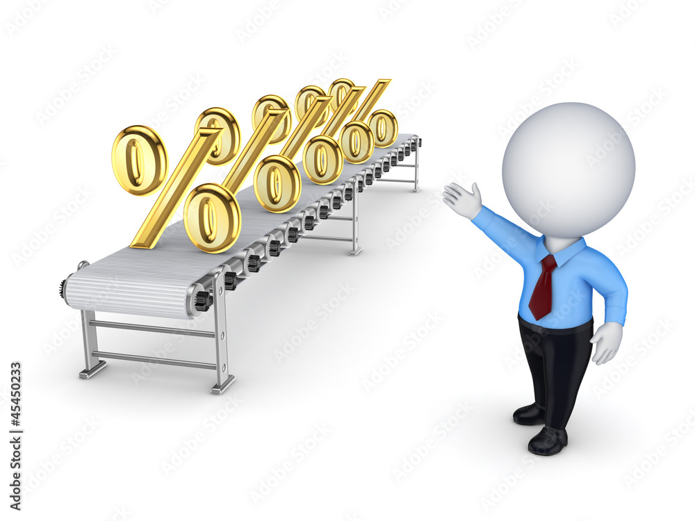 3d small person points to the conveyor with the symbols of the p 3d small person points to the conveyor with the symbols of the p