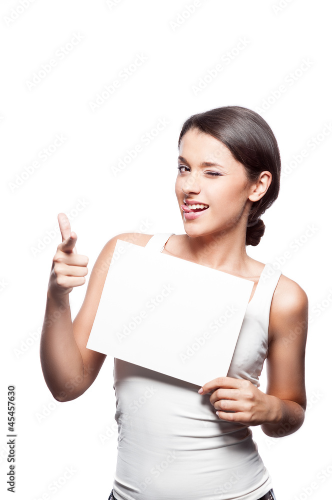 young casual girl holding sign with funny face young casual girl holding sign with funny face