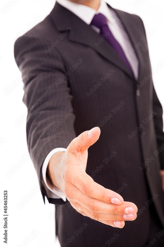 Business man giving handshake, isolated on white