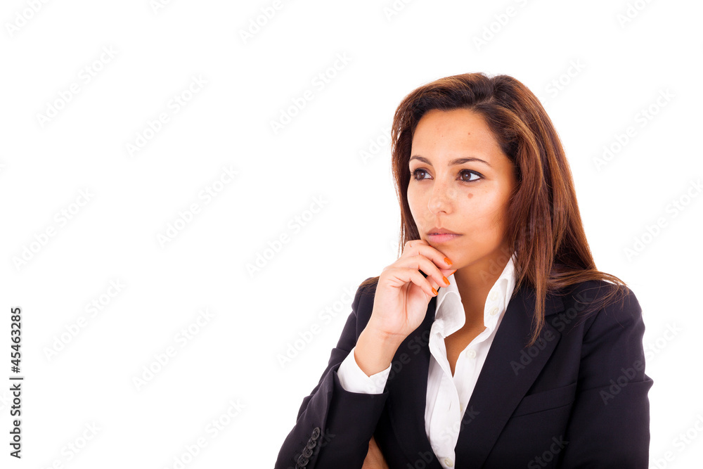 Young beautiful business woman thinking, isolated on white Young beautiful business woman thinking, isolated on white