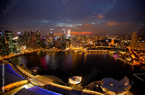 Night scene of financial district from roof Marina Bay Hotel.
