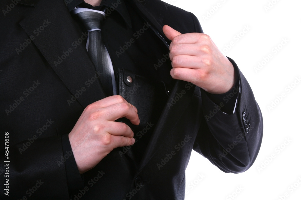 Businessman well-dressed hiding wallet isolated over white - obrazy, fototapety, plakaty 