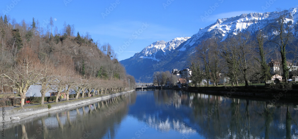 View to Aare river and snowy Alps. Interlaken, Switzerland View to Aare river and snowy Alps. Interlaken, Switzerland