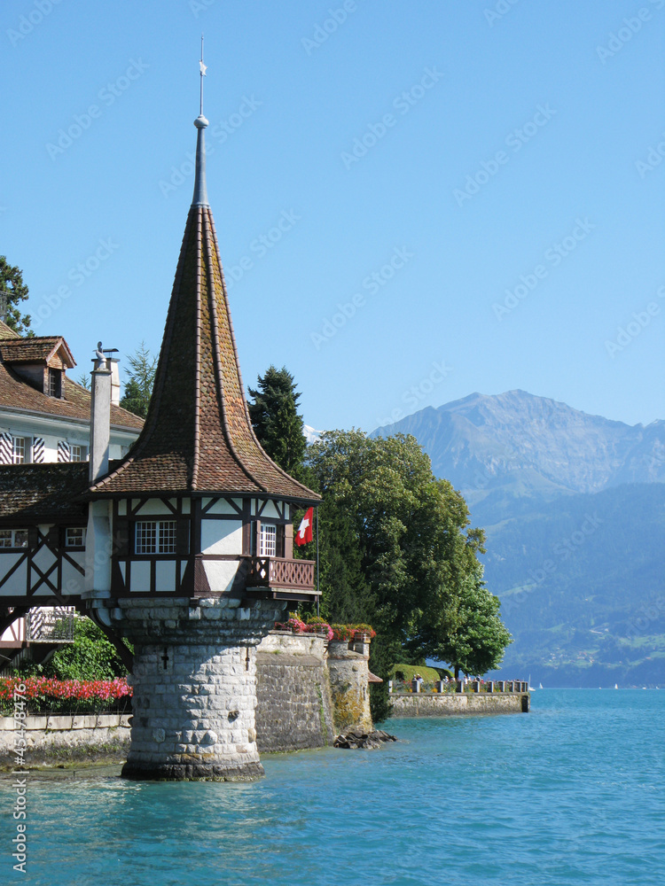 Roaman tower of the famous Oberfofen castle at the lake Thun, Sw