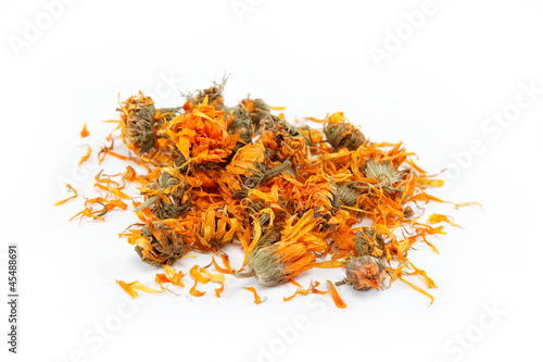 Herbs. Dried calendula or pot marigold flowers isolated on white