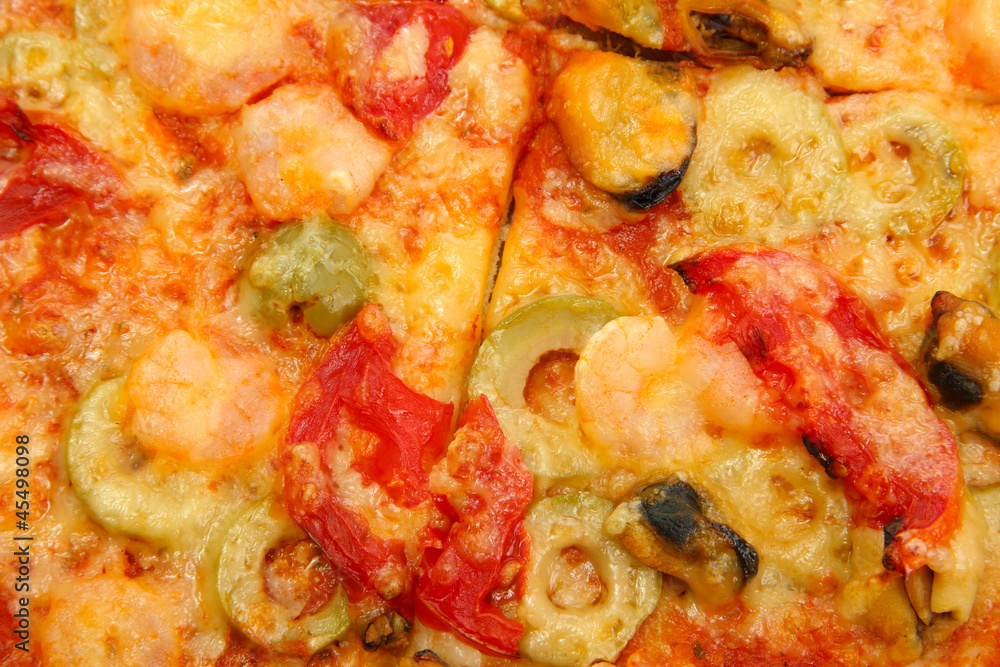 tasty pizza with shrimps and mussels close-up tasty pizza with shrimps and mussels close-up
