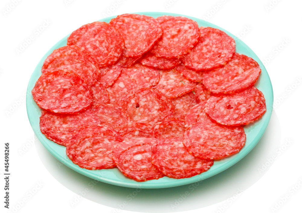 tasty sausage on plate, isolated on white tasty sausage on plate, isolated on white