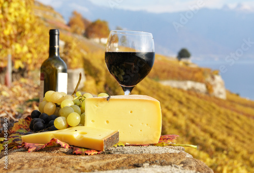 Fototapeta Naklejka Na Ścianę i Meble -  Red wine, cheese and grapes on the terrace of vineyard in Lavaux