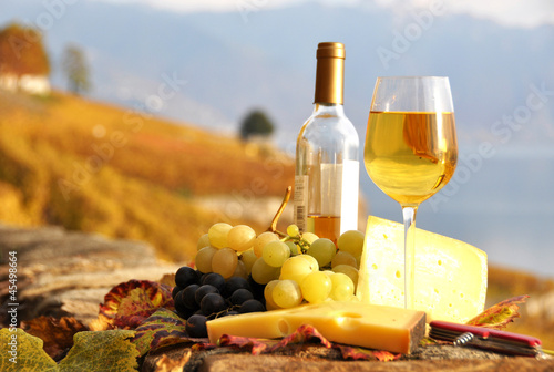 Fototapeta Naklejka Na Ścianę i Meble -  Glass of white wine and chesse on the terrace vineyard in Lavaux