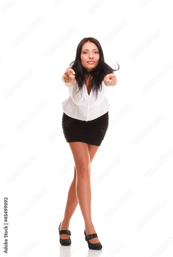 Portrait of a pretty young woman pointing and looking away Portrait of a pretty young woman pointing and looking away