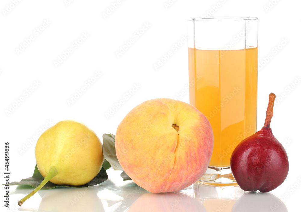 Juice with pears and peach isolated on white