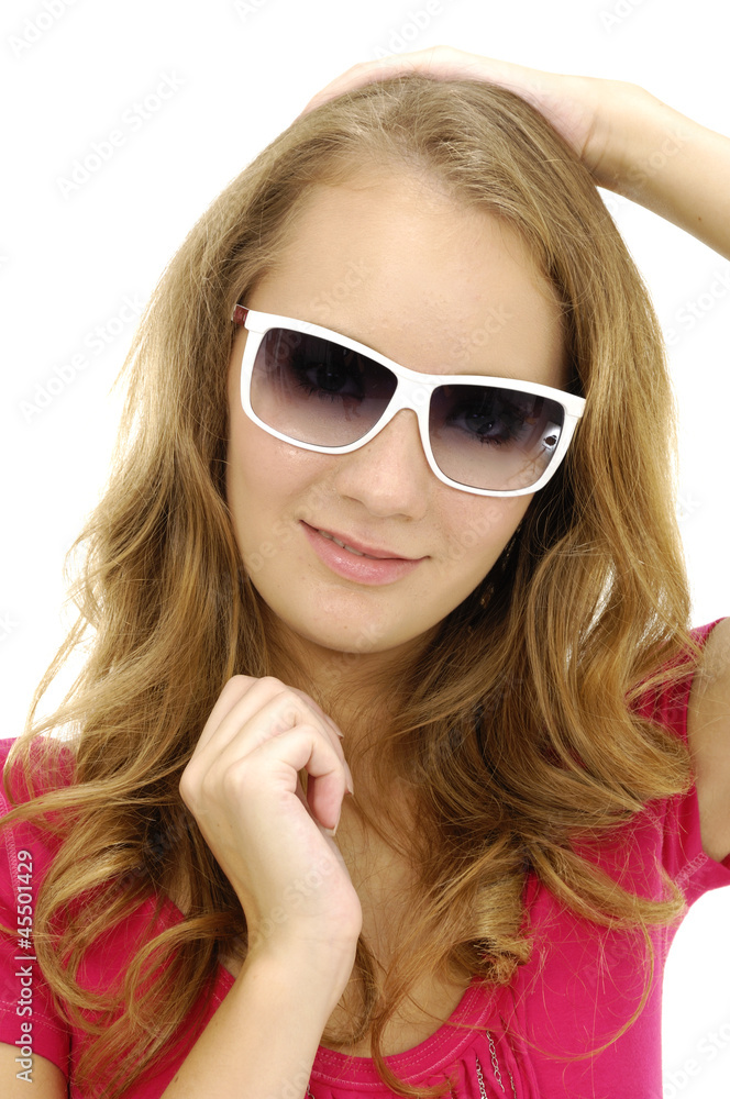 Fashion model wearing modern sunglasses.-isolated Fashion model wearing modern sunglasses.-isolated
