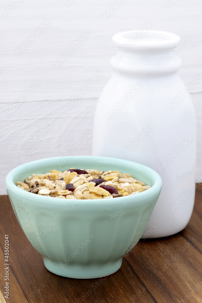 Delicious and healthy muesli with fresh milk Delicious and healthy muesli with fresh milk