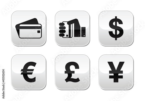 Payment methods buttons set - credit card, by cash - currency