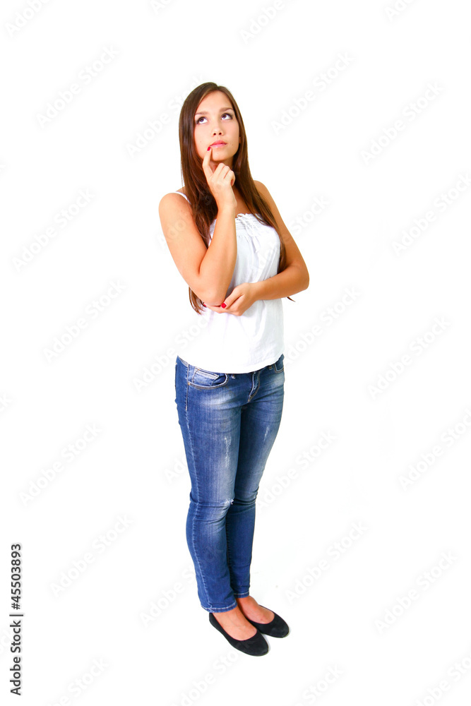 Beautiful young woman thinking and looking up Beautiful young woman thinking and looking up