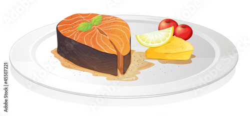 cooked fish slice with lemon, cheese and berries
