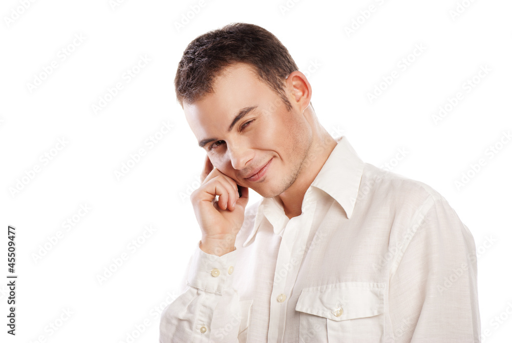 Man smiling and talking on phone isolated Man smiling and talking on phone isolated
