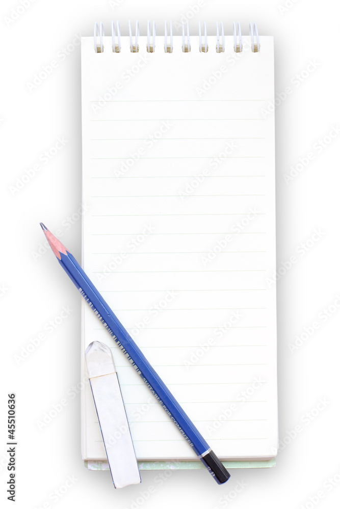 a note book a pencil and eraser