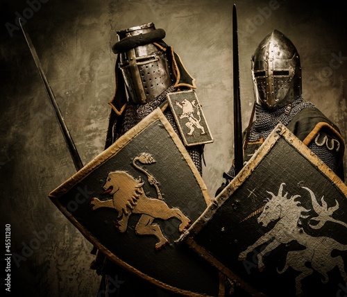 Medieval knights on grey ba...