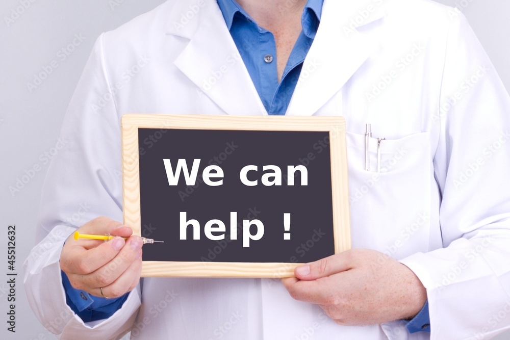Doctor shows information on blackboard: we can help! Doctor shows information on blackboard: we can help!