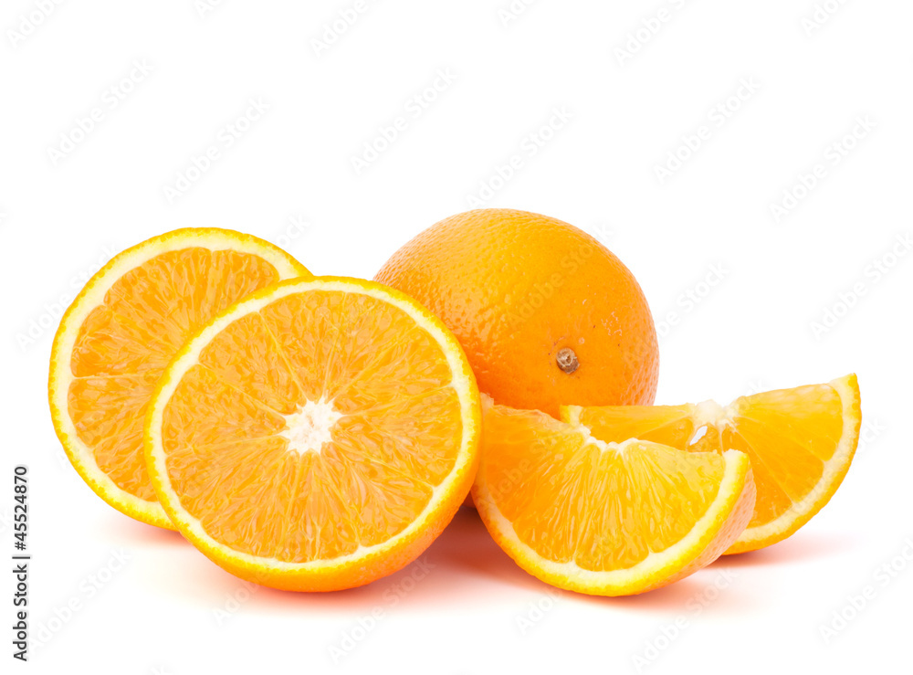 Sliced orange fruit segments isolated on white background Sliced orange fruit segments isolated on white background