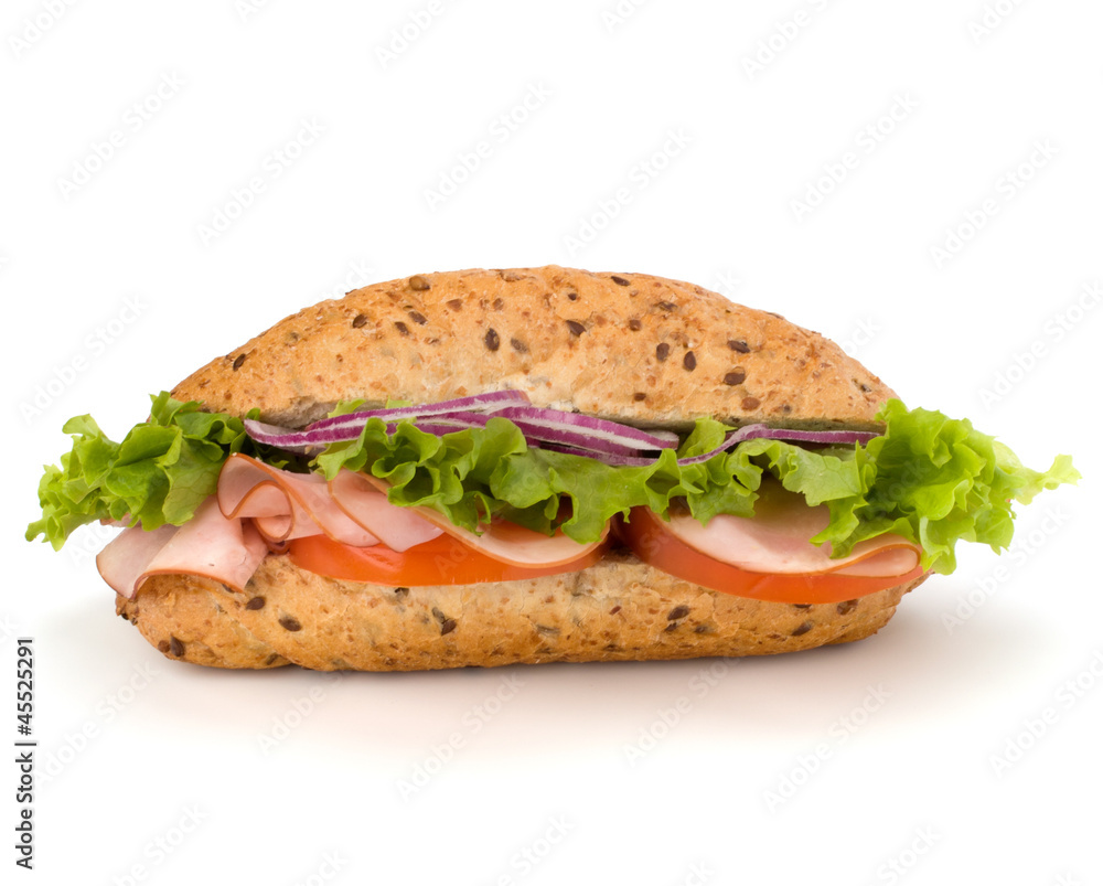 fast food baguette sandwich with lettuce, tomato, ham and chees fast food baguette sandwich with lettuce, tomato, ham and chees