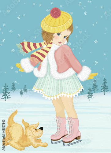 Little girl skating and playing with her dog