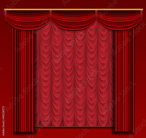 Stage curtains with ornate backdrop and wall.