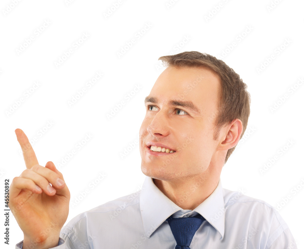Portrait of a young man pointing at something Portrait of a young man pointing at something