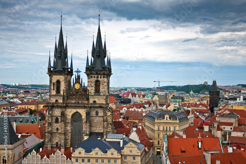 Famous Tyn Cathedral on Old Town square in Prague