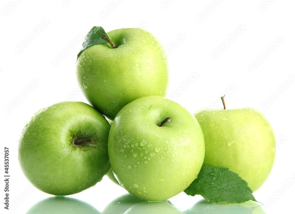 Ripe green apples with leaves isolated on white Ripe green apples with leaves isolated on white